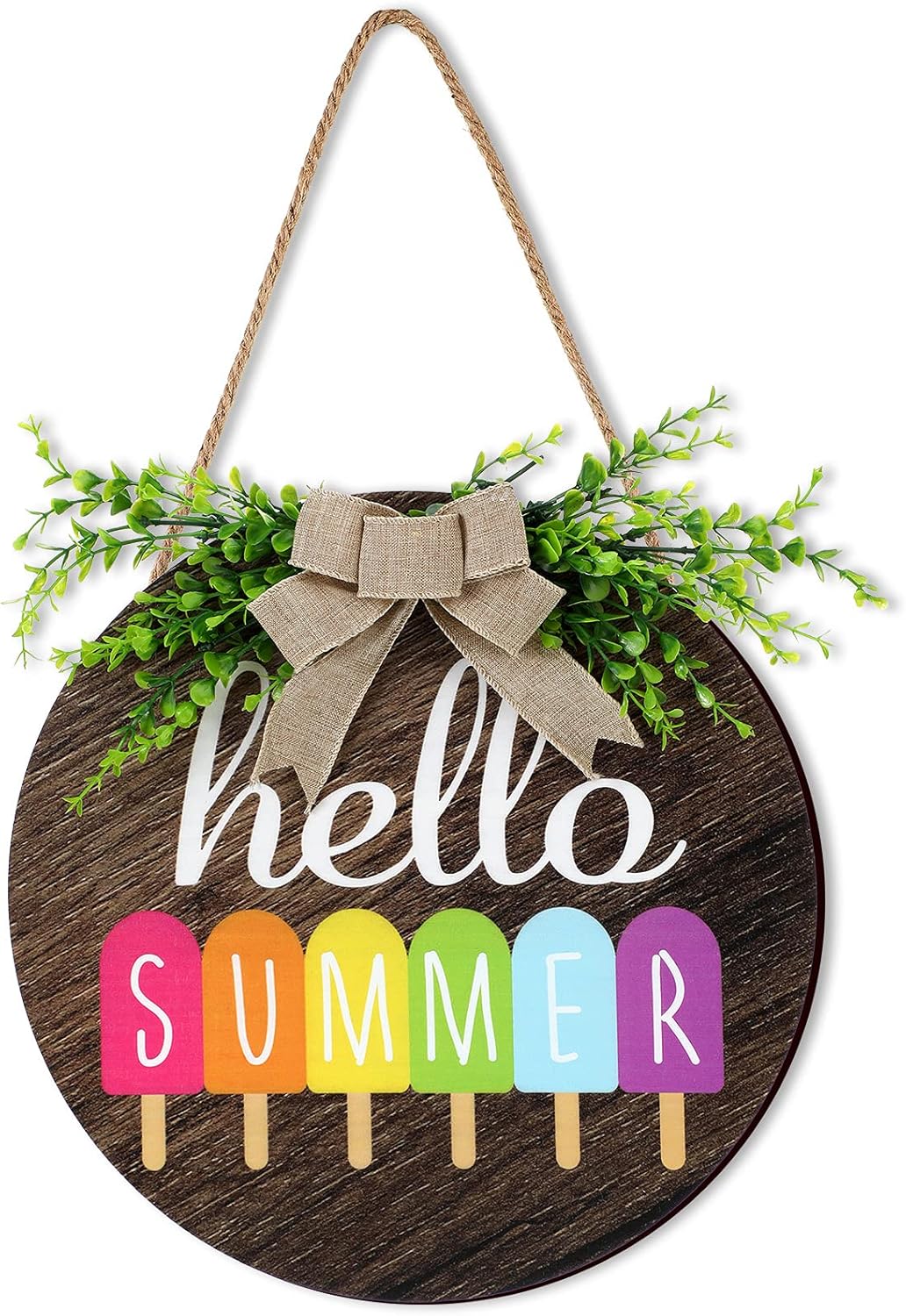 Jetec Hello Summer Door Sign Rustic Popsicle Wooden Door Sign Hanging Round Porch Decor with Burlap Bow Wreaths Front Door Decor for Summer Farmhouse Home Porch Garden Yard Decor, 11.8 Inch (Brown)