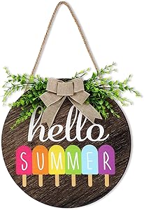 Jetec Hello Summer Door Sign Rustic Popsicle Wooden Door Sign Hanging Round Porch Decor with Burlap Bow Wreaths Front Door Decor for Summer Farmhouse Home Porch Garden Yard Decor, 11.8 Inch (Brown)