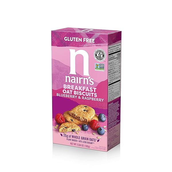 NAIRN’S GLUTEN-FREE BLUEBERRY AND RASPBERRY BREAKFAST BISCUITS – HEALTHY, TASTY, HIGH FIBER, NON-GMO, NO ARTIFICIAL COLORS, FLAVORS, OR PRESERVATIVES, SAFE FOR CELIACS, 5.64OZ