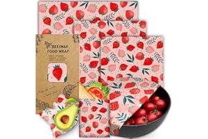 PICCIRCUIT Beeswax Wrap, 3 Pack Reusable Food Wrap Beeswax Wraps for Food Storage Organic Beeswax Food Wraps Beeswax Paper Wax Wraps Wax Covers Beeswax Lunch Wrap Sandwich Wrappers 1L, 1M, 1S Strawberry Pattern