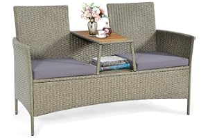 Tangkula Outdoor Rattan Loveseat, Patio 2-Person Wicker Conversation Set w/Cushion, Modern Wicker Sofa Set with Built-in Acacia Wood Tabletop & Storage Space for Backyard Poolside Lawn (Grey)