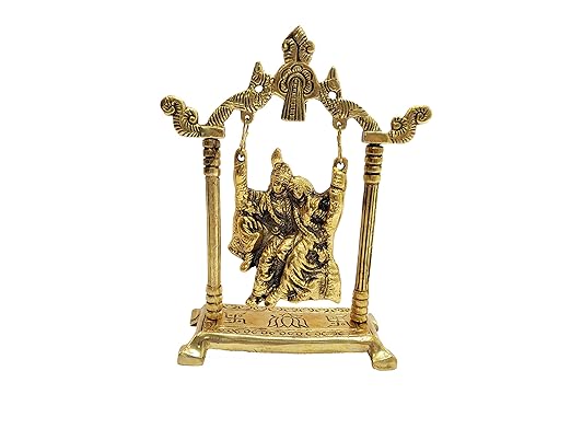 Collectible India Metal Gold Plated Radha Krishna Idol on Jhula Idol Statue Showpiece Figurine for janmashtami Janmashtami jhula Gift,Mandir Pooja Murti (Size 7.5 x 5 Inches)