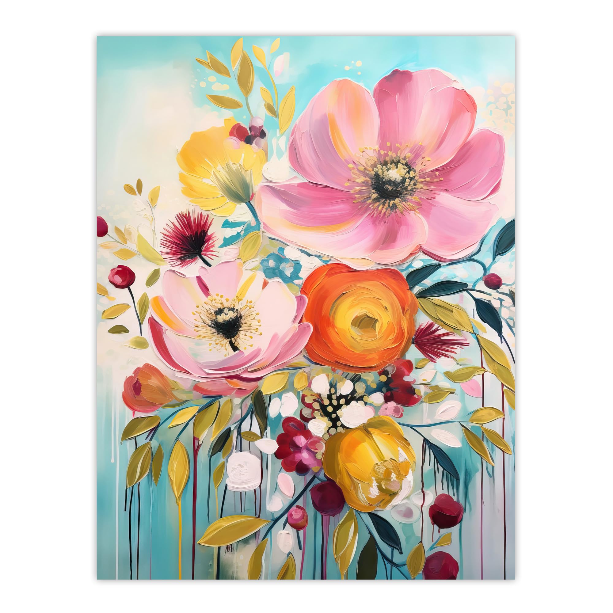 Artery8 Teal Pink Yellow Flowers Bright Elegant Oil Painting Vibrant Spring Blooms Extra Large XL Wall Art Poster Print