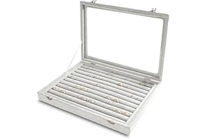 Frebeauty Rings/Earrings Organizer Tray with Clear Lid 10 Slots Velvet Drawer Insert Jewelry Storage box with Glass lid Jewelry Display Case Showcase Gift for Girls Women (Grey, 10 Slots)