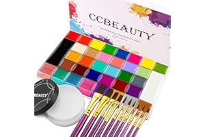 CCbeauty 36 Colors Face Paint,Professional Face Painting Kit,Neon Body Paint Palette Kit,Non-Toxic Special Effect SFX Makeup Kit,Halloween Costume Cosplay For Adult,Translucent Loose Powder,10 Brushes