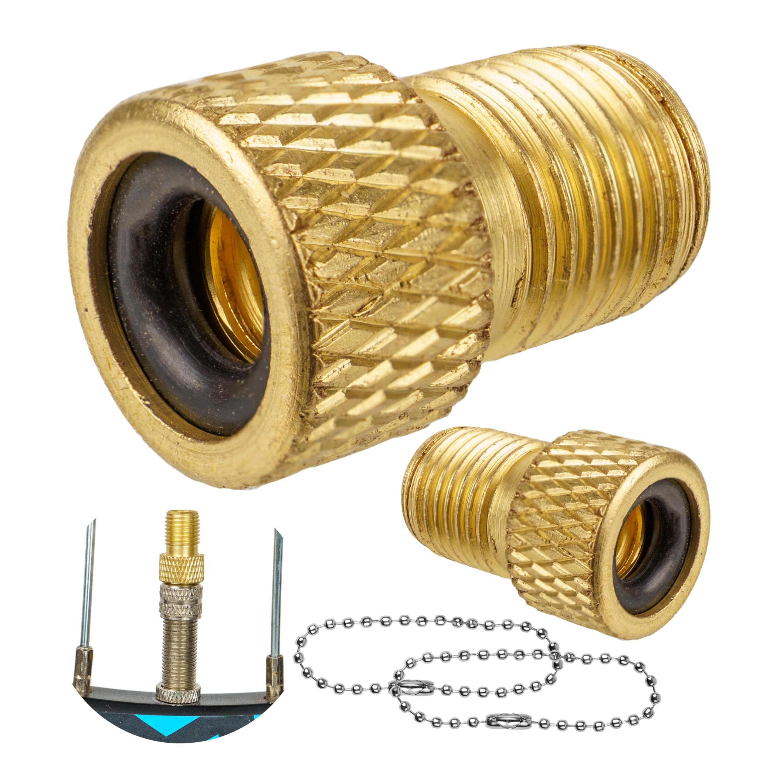 Your Day Mate Bicycle TIRE VALVE STEM CAP, 2 Pieces, DV + SV to AV Valve Adapter, With Chain, For Dunlop and Sclaverand Valves to Schrader Valve