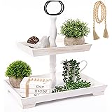 Perfnique Tiered Tray Stand, White Wooden 2 Tier Tray with 58in Wood Bead Garland, Serving Tray, Farmhouse Rustic Home Kitche