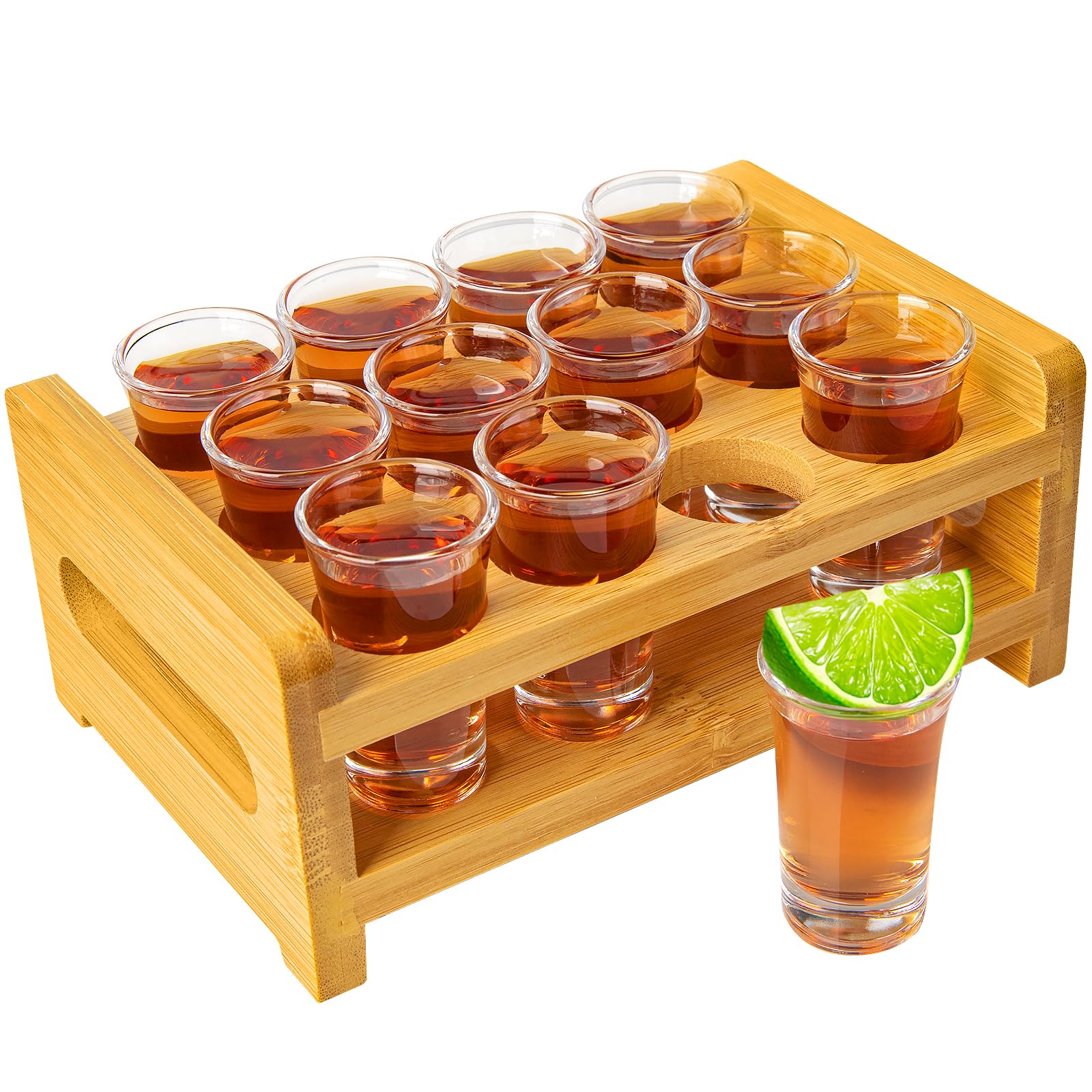 Supwinnet Shot Glasses and Holder Mini Shot Glasses Set 0.5 oz - 0.66 oz / 15ml- 20 ml Set of 12 Shot Glass Stand Tray Clear Glass for Party Club Bar Home