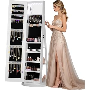 Minicloss 6 LEDs Rotatable Jewelry Cabinet Standing, White | Jewelry Armoire Standing with Frameless Full-Length Mirror, 3 Ba