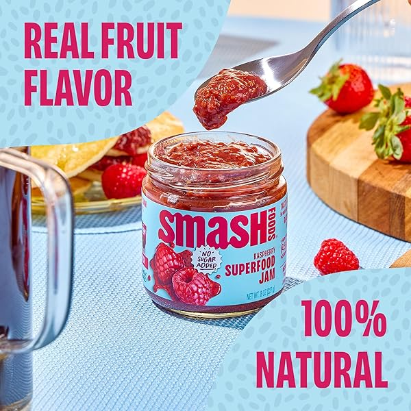 SMASH FOODS RASPBERRY JAM | LOW-CALORIE, NO SUGAR ADDED KETO JAM WITH UPCYCLED FRUIT & CHIA SEEDS | VEGAN, PALEO SUPERFOOD FRUIT SPREAD (1 JAR)