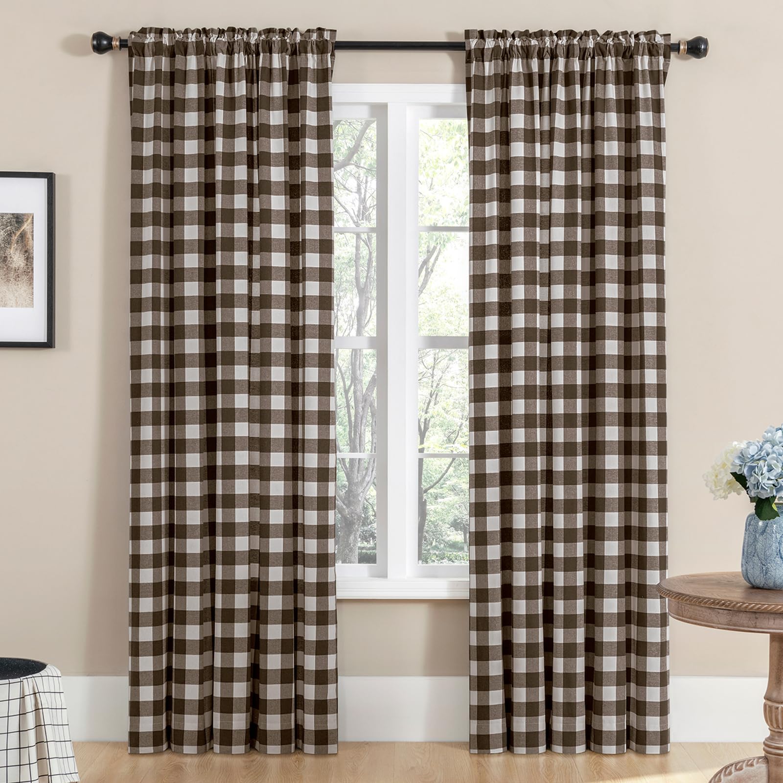 Melodieux Buffalo Check Plaid Curtains for Living Room, Bedroom Farmhouse Gingham Style Cotton Texture Rod Pocket Semi Curtain Drapes, Brown, 52 x 96 Inch(2 Panels)