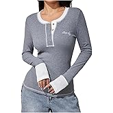 Verdusa Women's Button Up Long Sleeve Dressy T Shirts Slim Fit Y2K Going Out Tops