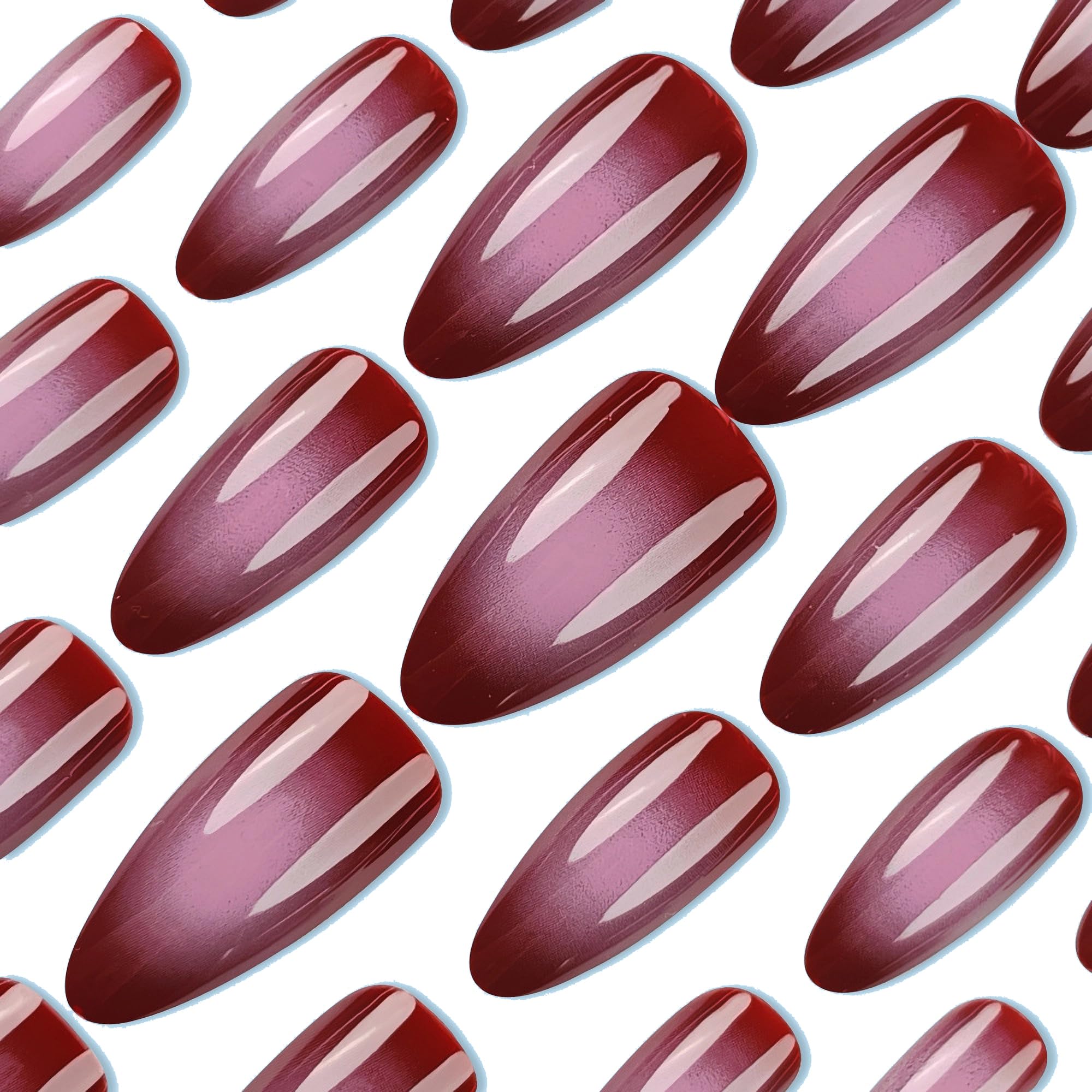 MERVF Almond Press on Nails Medium Fake Nails Aura Rose Red Stiletto Glue on Nails Gradient Press ons with Goth Design Acrylic Nails 24pcs Glossy - Image 7