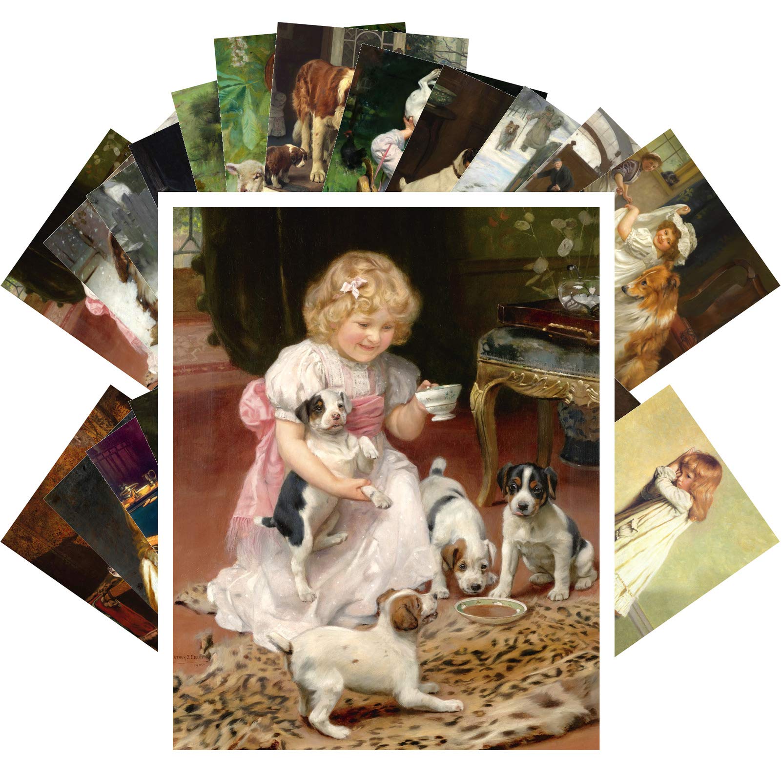 PIXILUV Vintage PostCards 24 pcs Cute Kids and Kitten and Puppy Playing Vintage Antique Museum Painting