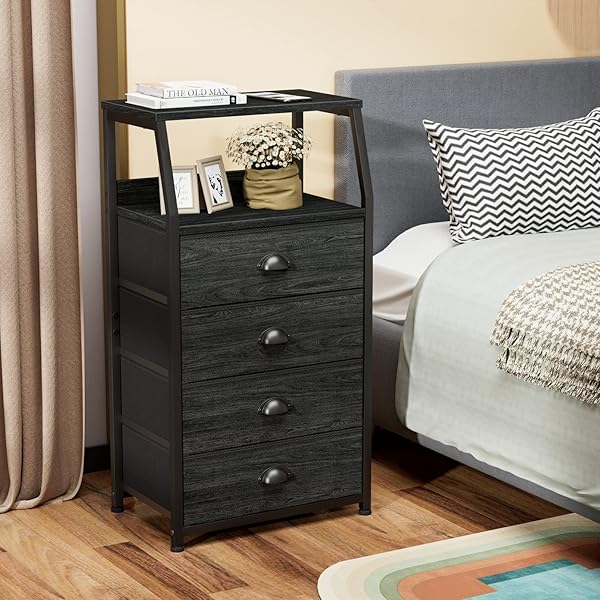 FURNULEM TALL 4 DRAWERS DRESSER, VERTICAL STORAGE TOWER BLACK DRESSER FOR BEDROOM, HALLWAY, ENTRYWAY, NURSERY, CLOSET ORGANIZER, NIGHTSTAND BEDSIDE TABLE FURNITURE, STURDY STEEL FRAME, WOOD TOP