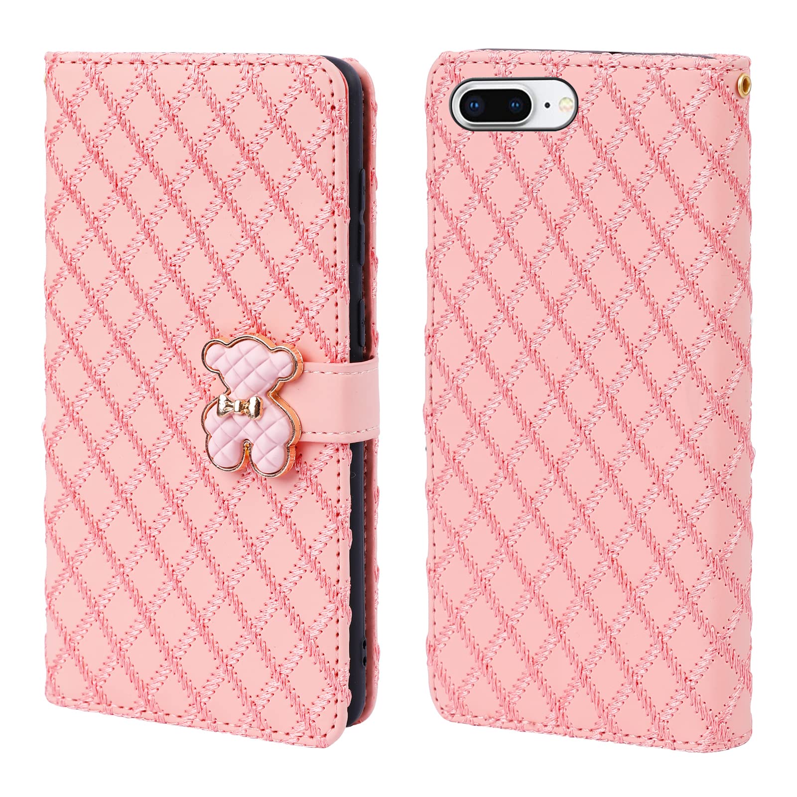 Tiyoo iPhone 7 Plus/iphone 8 Plus Flip Case with Wallet, 3D Metal Bear Magnetic Closure, Support Stand and Card Slots, PU Leather with Quilting Embroidery Process (Pink)