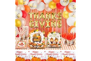 Lorvain Thanksgiving Party Supplies, 245 Pcs Fall Party Supplies Tableware Set (Serve 24) with Pumpkin Harvest Disposable Plate Cup Napkin Balloons Cutlery Tablecloth for Autumn Party Decoration