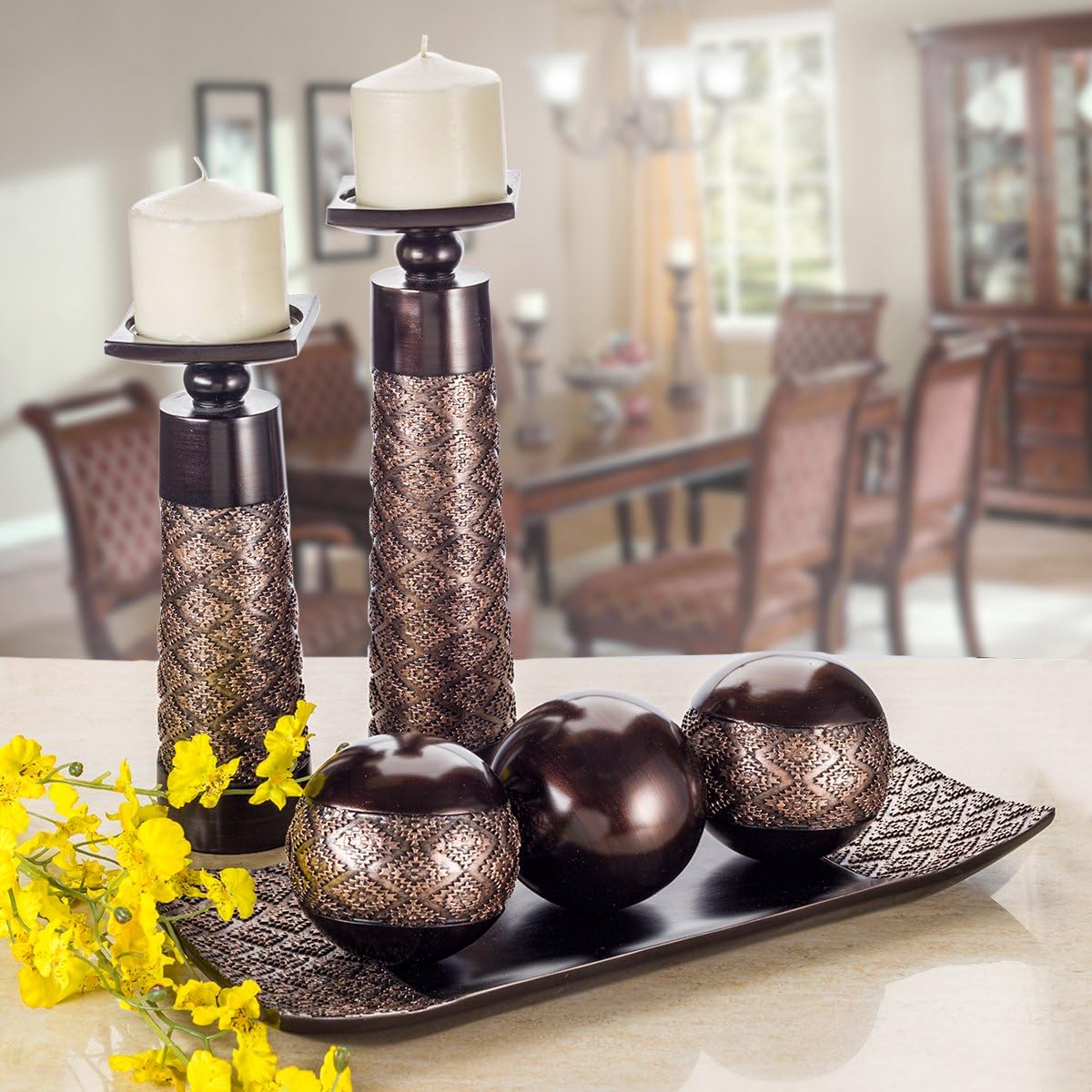 Dublin Home Decor Tray and Orbs Balls Set of 3 - Coffee Table Mantle Decor Centerpiece Bowl with Spheres House Decorations, Decorative Accents for Living Room or Dining Table, Gift Boxed (Brown): Kitchen & Dining
