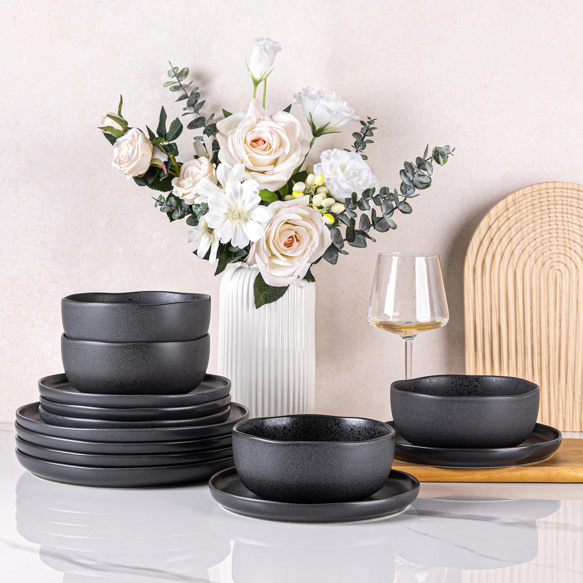 Photo 1 of AmorArc Ceramic Dinnerware Sets, Wavy Rim Stoneware Plates and Bowls Sets, Highly Chip and Crack Resistant | Dishwasher & Microwave Dishes set, Service for 4 (12pc)-Speckled Matte Black