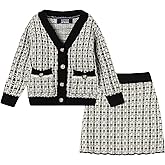 LittleSpring Little Girls Sweater Outfits for Girls' Knit Cardigan and Skirt Sets Long Sleeve Plaid 2 Piece Outfits Black Size 7-8