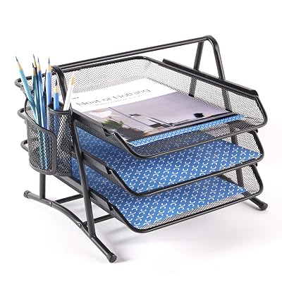 NEATOPA 3 Tier Stackable Letter Tray Metal Mesh Paper File Holder Desk Organizer Pen Holder Black