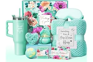 QINLINE Birthday Gifts for Women Self Care Gifts Get Well Soon Gifts, Ocean Relaxing Spa Gifts Basket Care Package w/ Luxury Flannel Blanket 40 oz Tumbler, Mothers Day Gifts for Mom Wife Her Girlfriend Sister