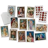 Jesus & Angels Vintage Christmas Cards on Luxury Antique Textured Cardstock - 24 Antique Christmas Cards & Vintage Sticker Seals - 12 Assorted Retro Holiday Illustration Cards