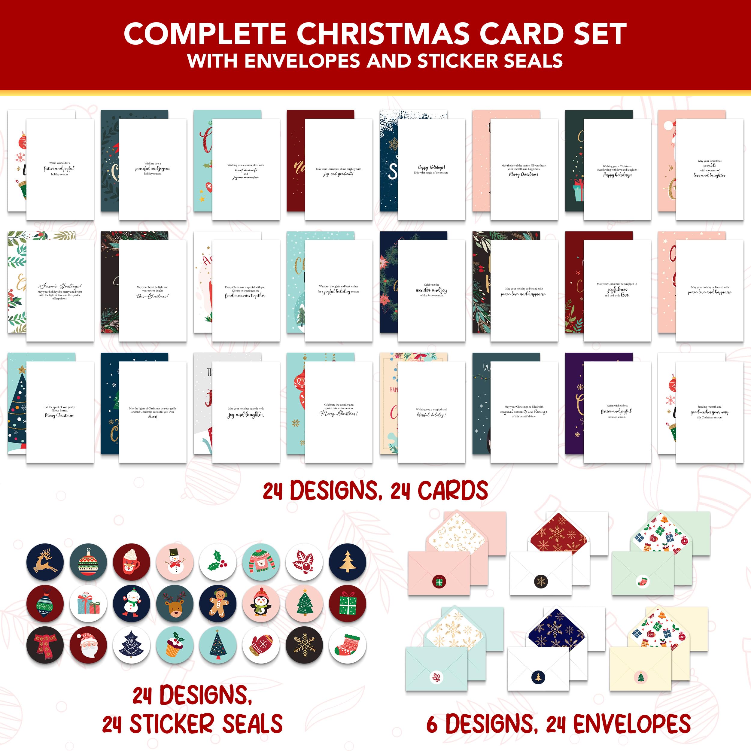 Decorably 24 Pack Foiled & Glittery 6x4in Assorted Box Christmas Cards with Envelopes and Stickers, 24 Festive Designs Christmas Card Set with Printed Message Inside