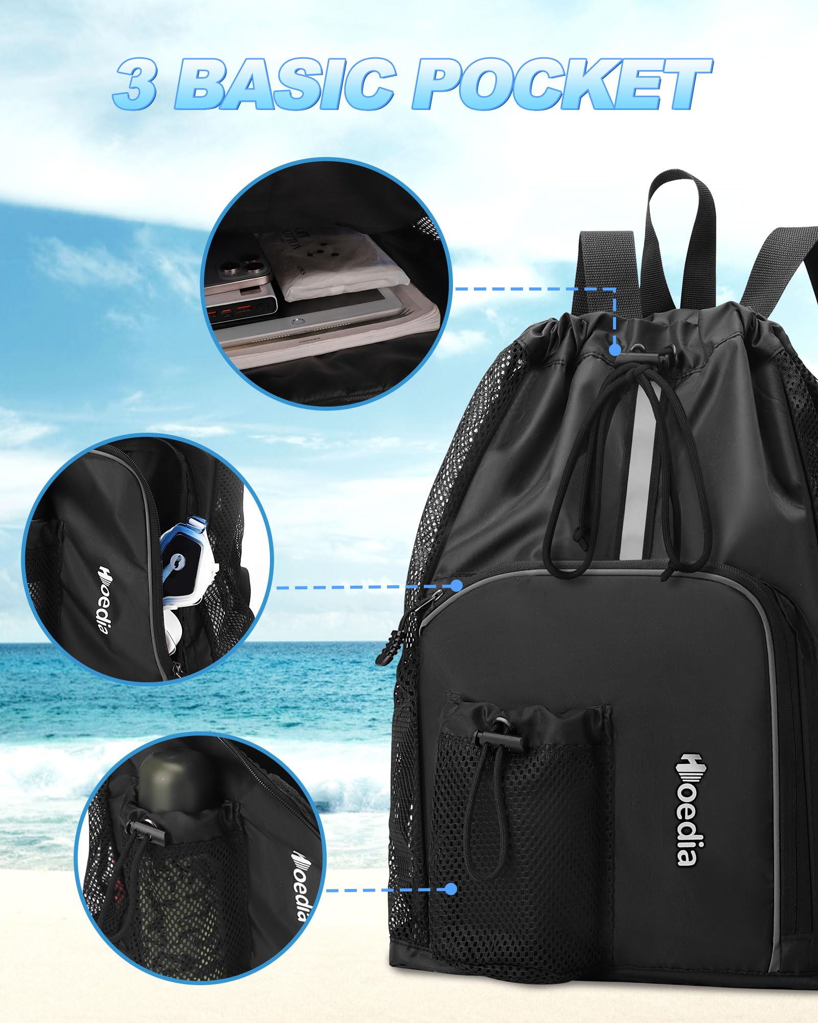 Hoedia Mesh Swim Bag Drawstring Backpack Beach Backpack for Swimming, Pool, Gym, and Workout Gear