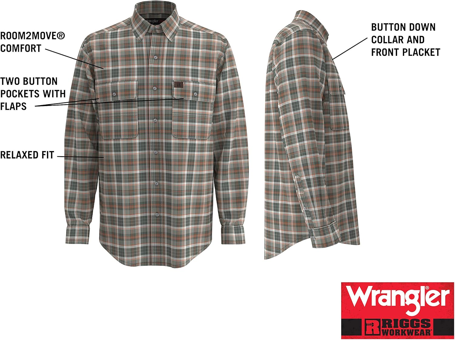 Wrangler Riggs Workwear Men's Long Sleeve Foreman Plaid Workshirt: Clothing