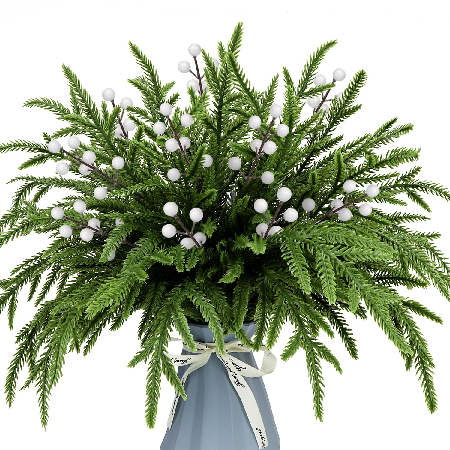 20 Pcs Artificial Norfolk Pine Branches and 10 Pcs Berry Stems,15" Real Touch Faux Norfolk Pine Stems Christmas Greenery Foliage Sprigs for Xmas Wreath Making DIY Vase Filler Home Decoration (White)