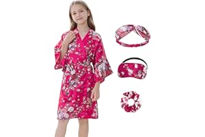 IVRRISS Kid Girls Silky Kimono Robes Party Set with Floral Patterns for Spa Brithday Wedding Short Robes