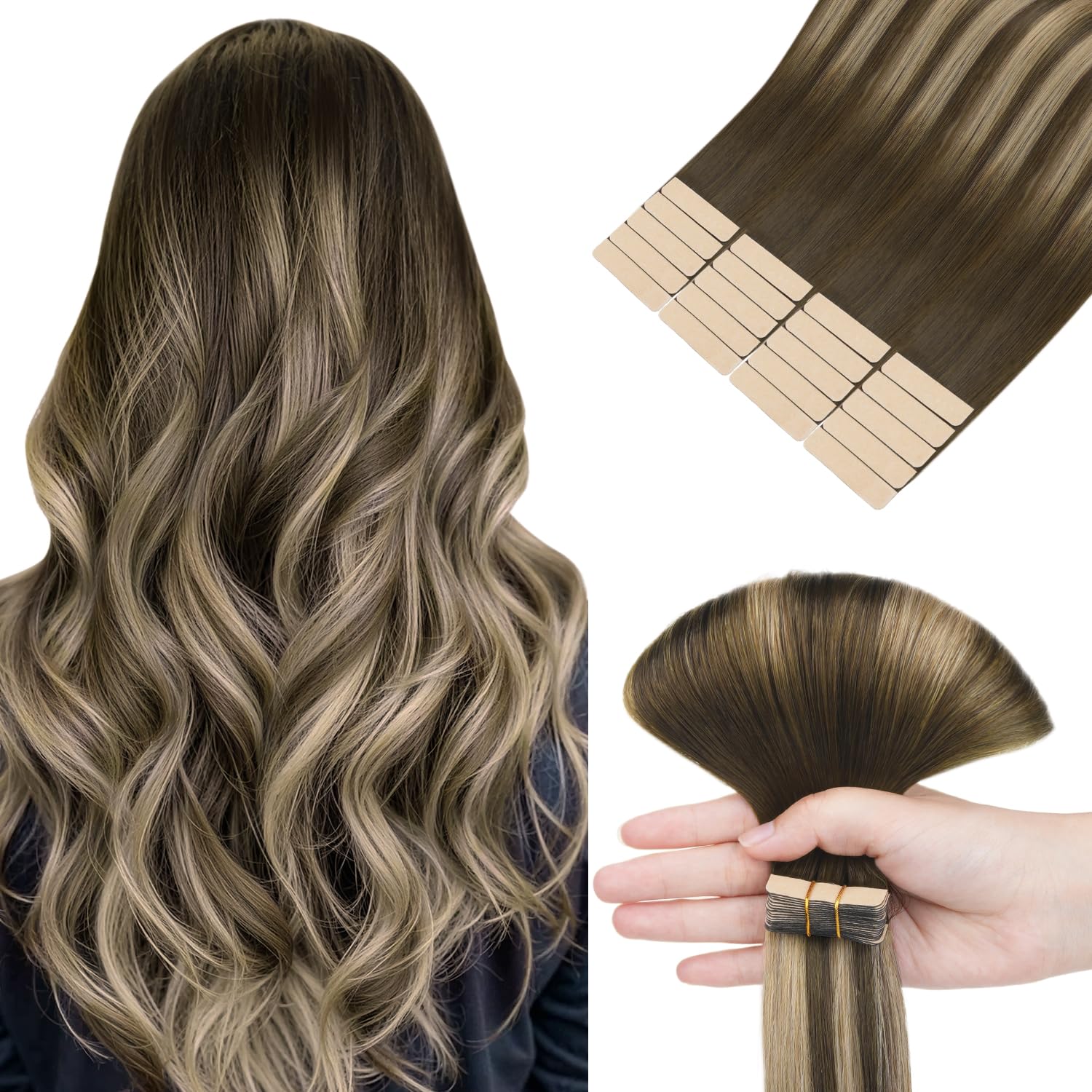hotbanana Tape in Hair Extensions, 16 Inch Tape in Hair Extensions Human Hair 20pcs 50g Chocolate Brown with Honey Blonde Tape Hair Extensions Straight Remy Human Hair Tape in Extensions — image 1