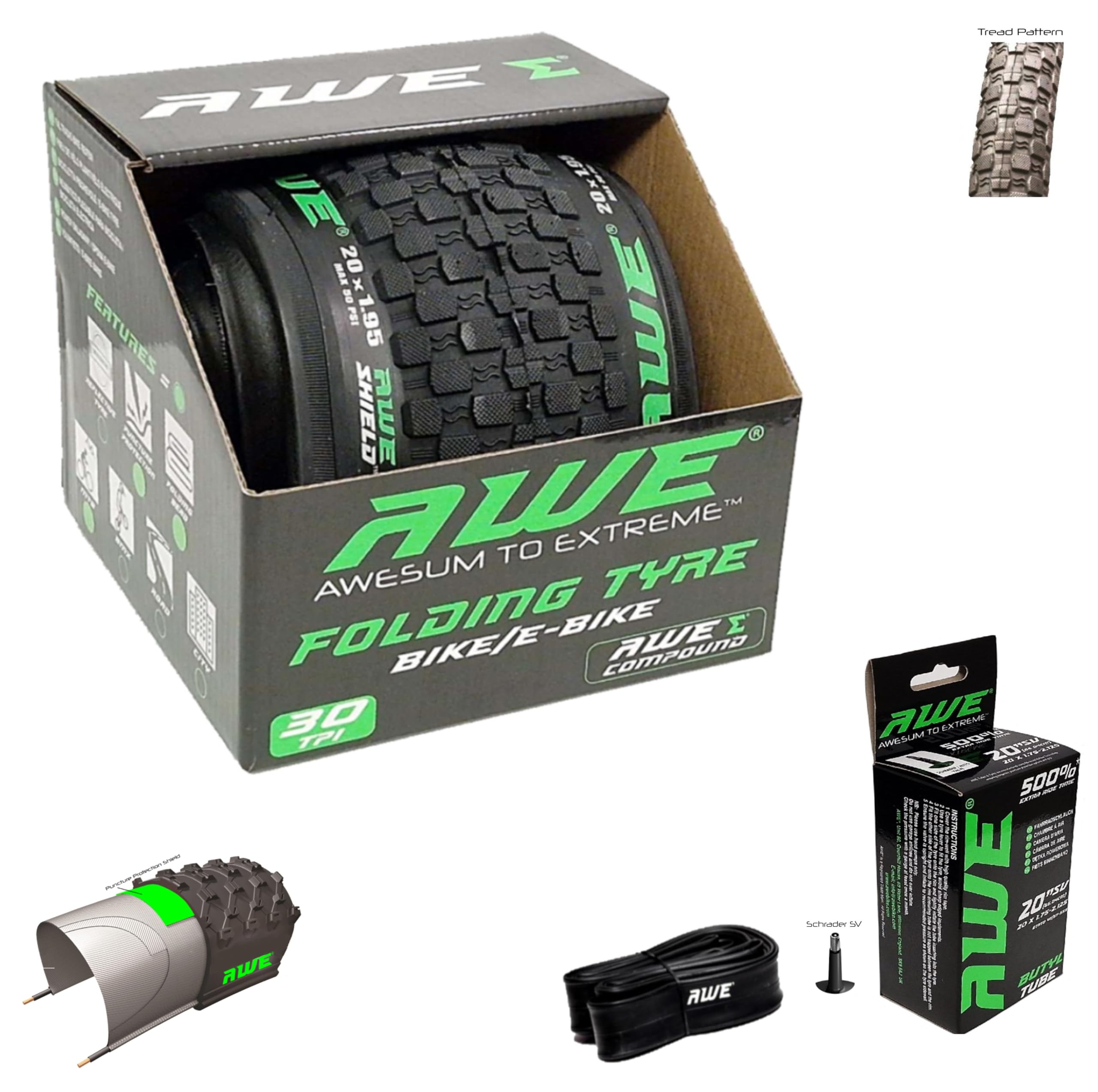 1 x AWE AWEShield with added Puncture Protection Folding Tyre 20" x 1.95" MTB,1 x AWE Inner Tube 20" x 1.75-2.125 Schrader Valve