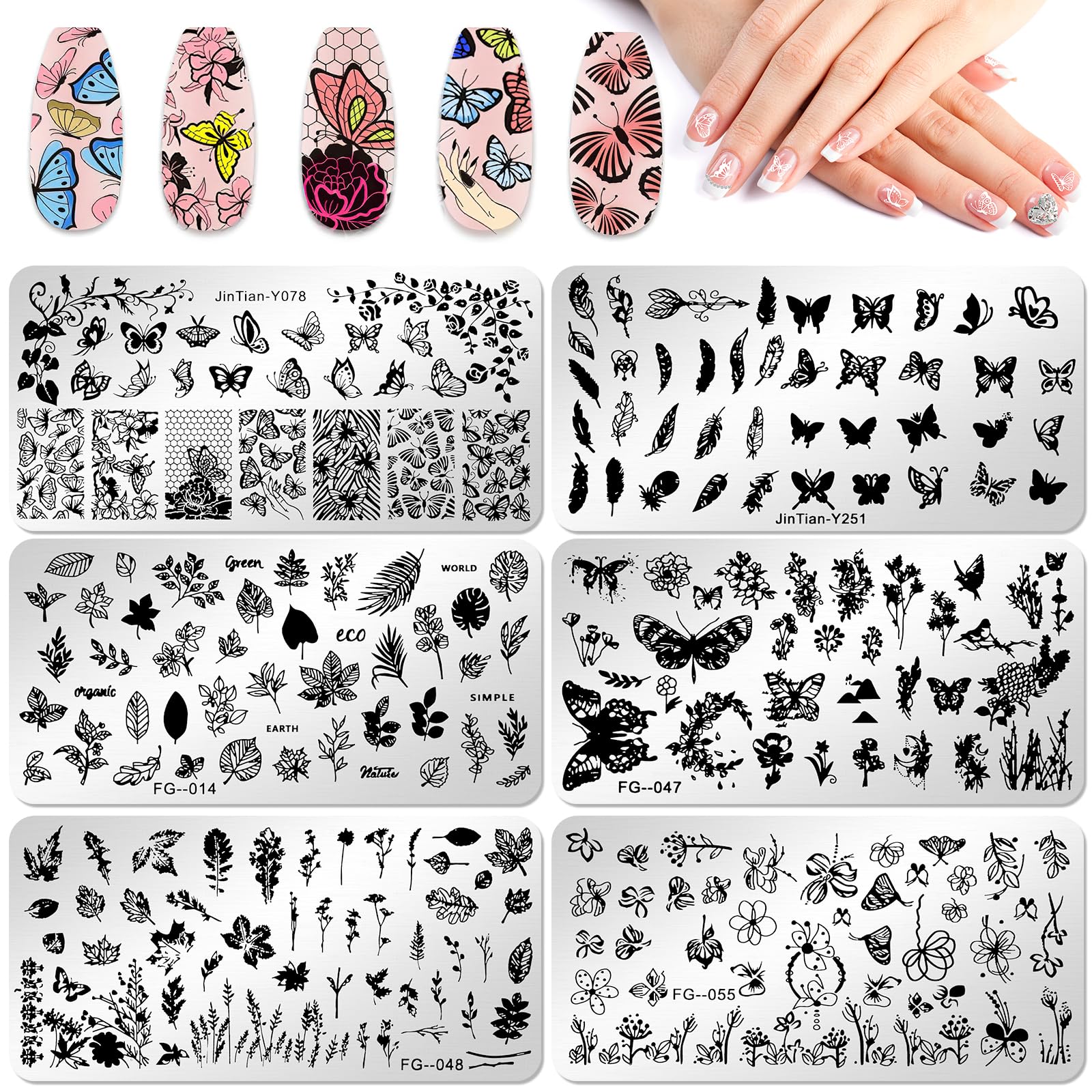 JSRQT 6Pcs Nail Art Stamping Plates, Butterfly Flower Feather Leaves Nail Stamping Plates Set, Nail Art Stencils for Finger DIY, Metal Printing Image Stamp for Women Art Manicure