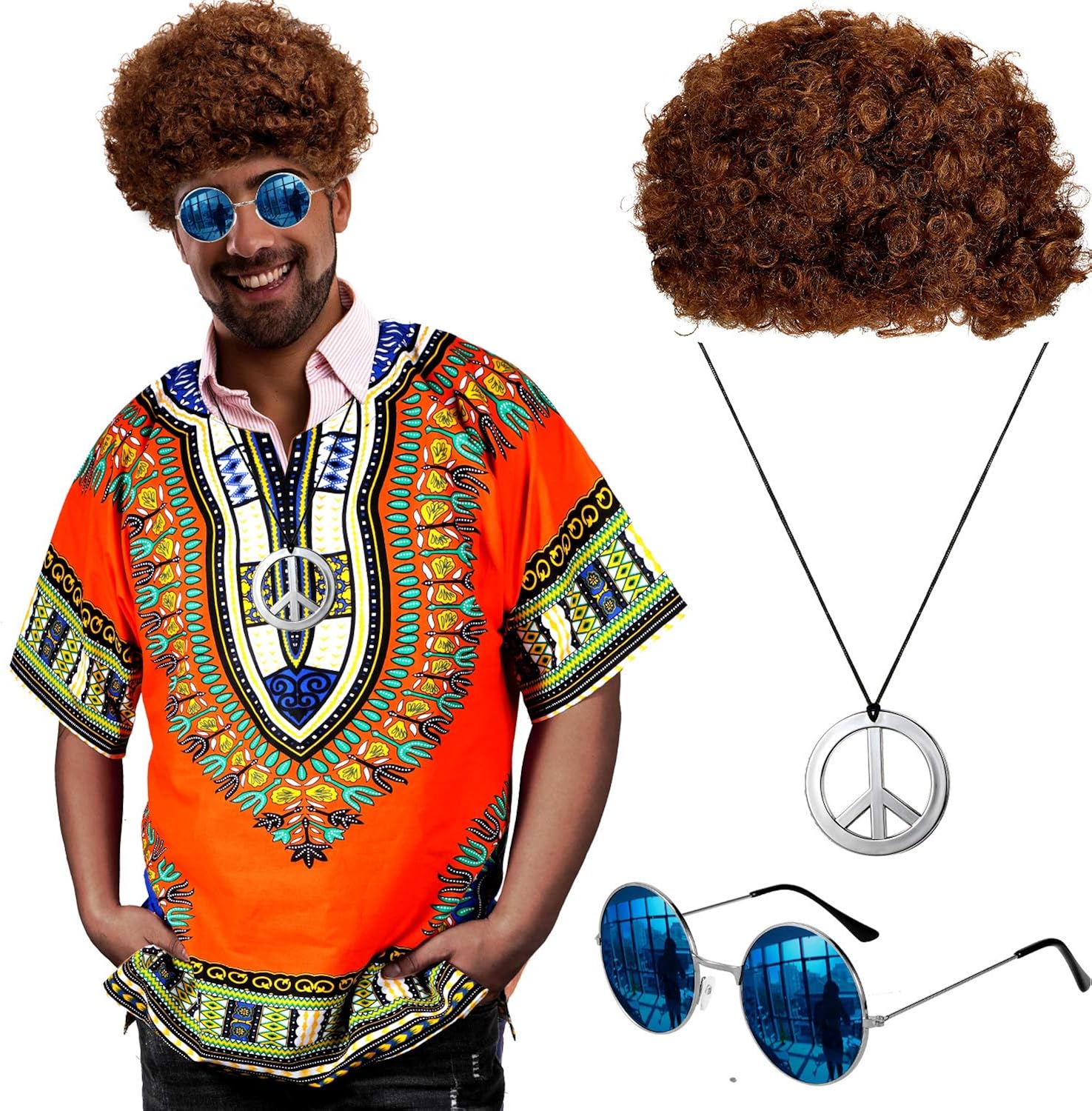 Hippie Costume Set Men's Hippie Shirt Brown Wig Sunglasses Peace Sign Necklace: Clothing