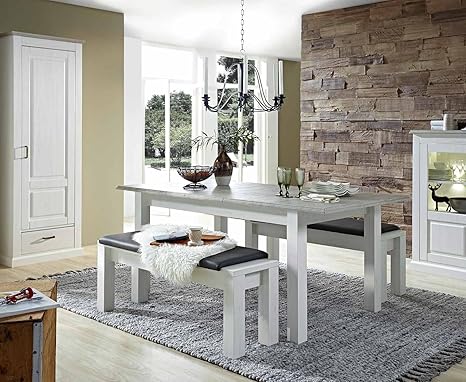 lifestyle4living Esstisch, Esszimmertisch, Küchentisch, Küchenesstisch, Pinie, weiß, Ausziehtisch, erweiterbar, ausziehbar, H