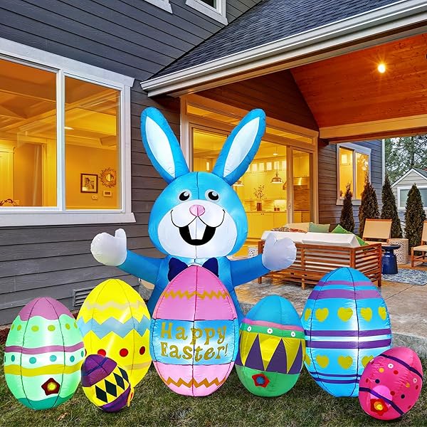 SKYLETY 7 PACK 8FT LONG EASTER INFLATABLES OUTDOOR DECORATIONS BLOW UP BUNNY AND EGGS WITH BUILT-IN LED LIGHTS HAPPY EASTER YARD DECORATION FOR OUTSIDE CUTE SPRING HOME LAWN GARDEN HUNT PARTY