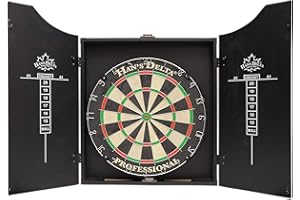 HAN'S DELTA Professional Bristle Dartboard Cabinet Set, Metal Corner Reinforcement, Regulation Steel Tip Dartboard, Includes 6 Steel Tip Darts and Scoreboards (Black)