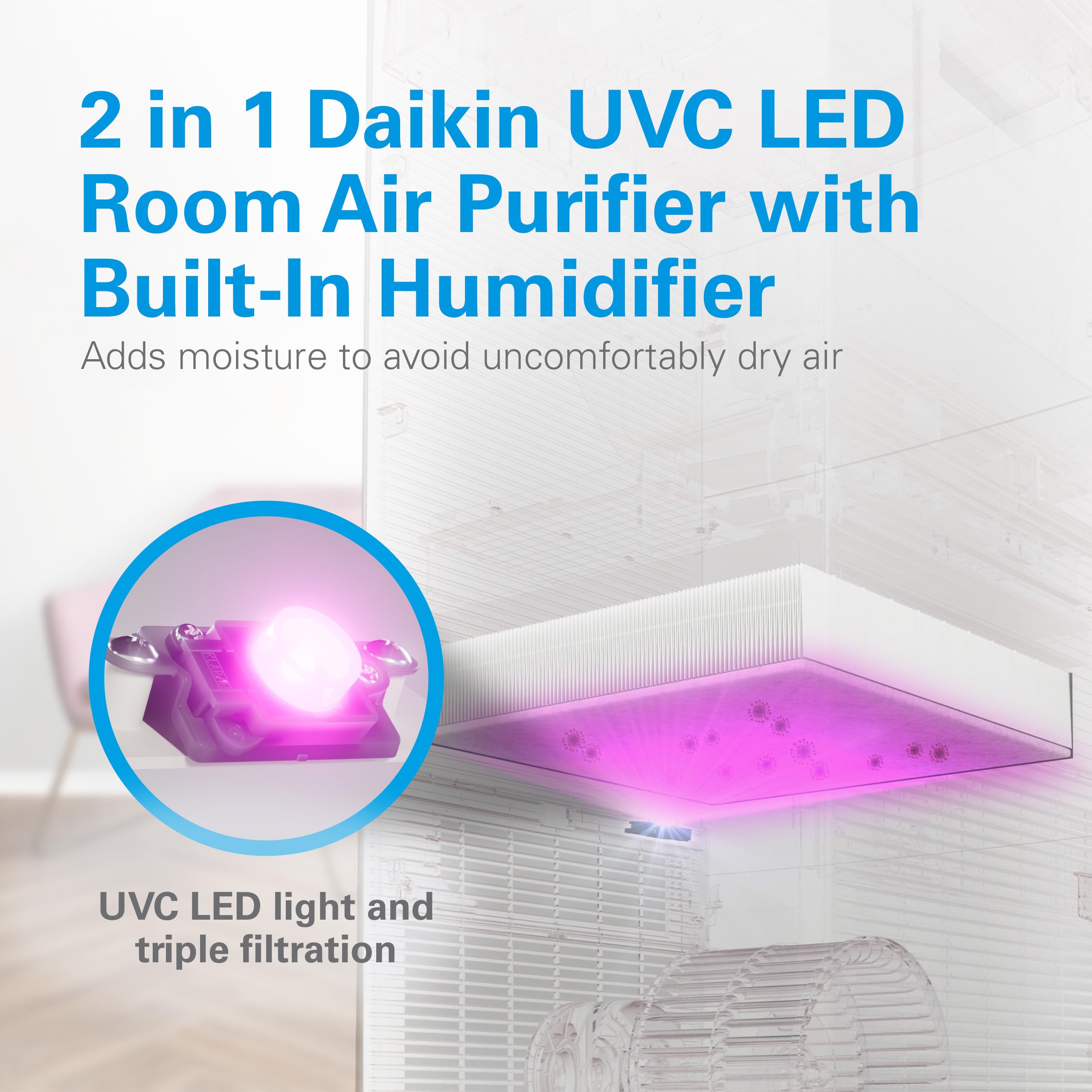 Daikin MCKB70YSAU Room Air Purifier for Home, HEPA, Activated Carbon, Pre-Filter and UVC LED Light, Zero Ozone Product, CARB Certified, 12.5 x 12.5 x 30 in