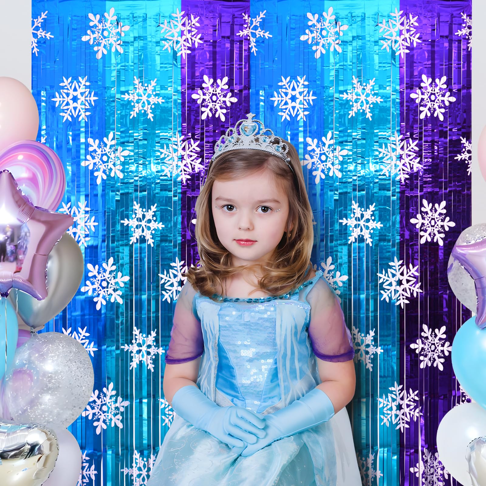 Bupelo Winter Princess Birthday Party Decorations, 2 Pack Ice Birthday Party Supplies 3.3x6.6ft Tinsel Foil Fringe Curtains, Winter Photo Booth Prop Backdrop Streamer, Snowflake Birthday Party Decor