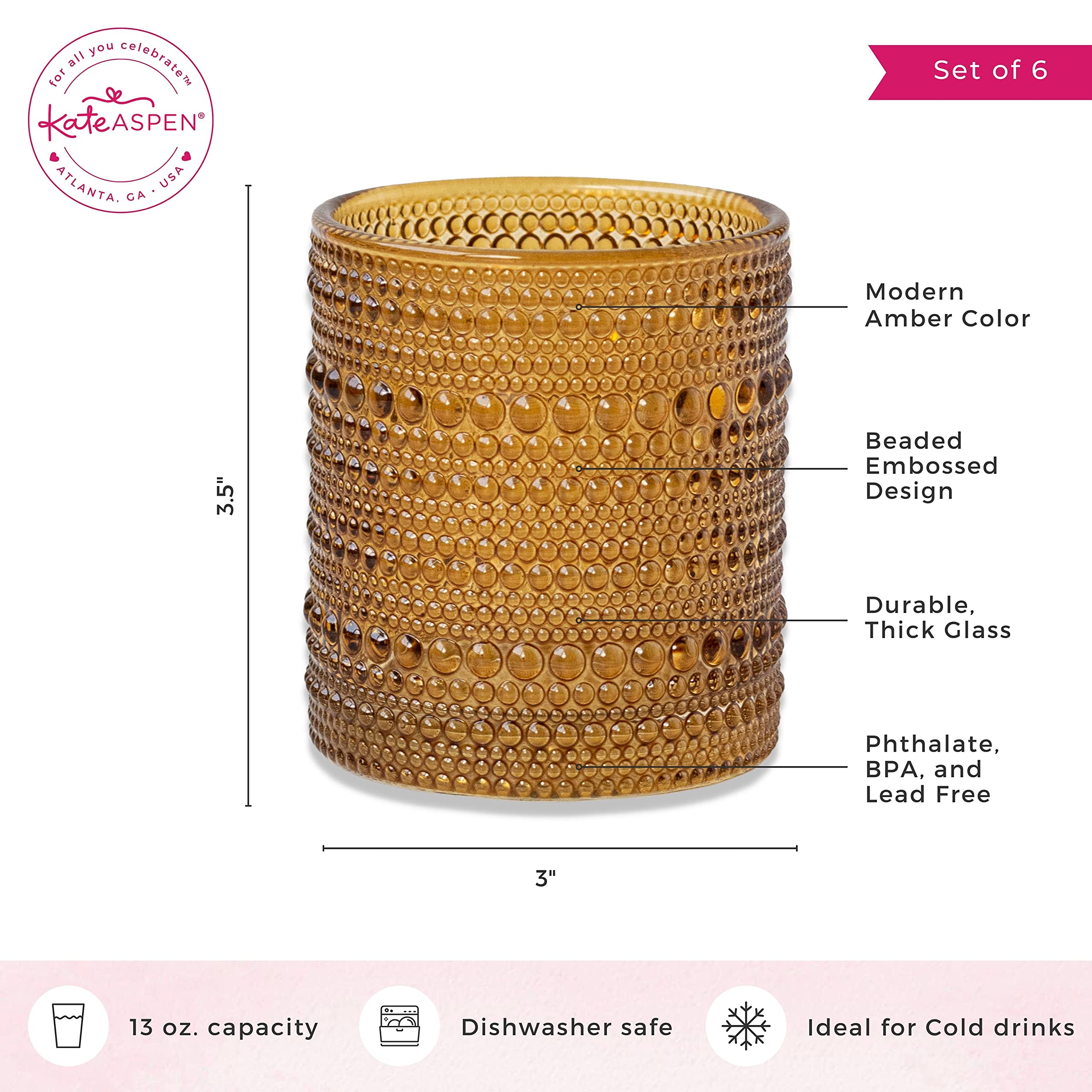 Kate Aspen Beaded Amber Drinking Glasses Set of 6-10 oz Vintage Glassware Set Jupiter Glasses, Cocktail Glass Set, Juice Glass, Water Cups Hostess Gift, Present, Gift for Newlyweds