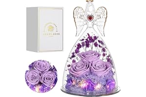 Tiaronics Mothers Day Rose Gifts for Women, Large Angel Figurines with Real Roses, Preserved Real Flower Rose for Her, Light Purple