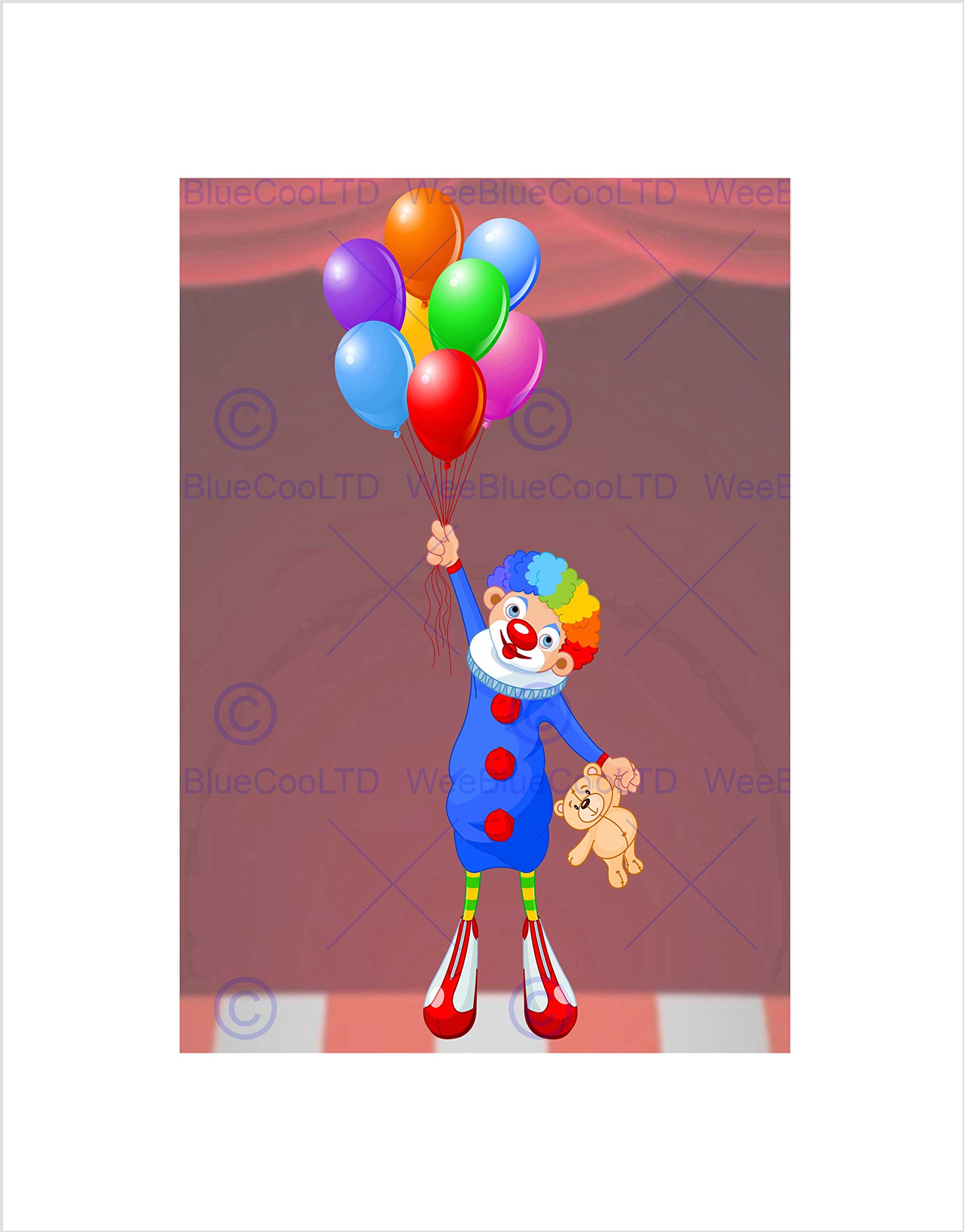 Wee Blue Coo Nursery Circus Clown Balloon Float Teddy Bear Funny Kids Art Wall Art Print