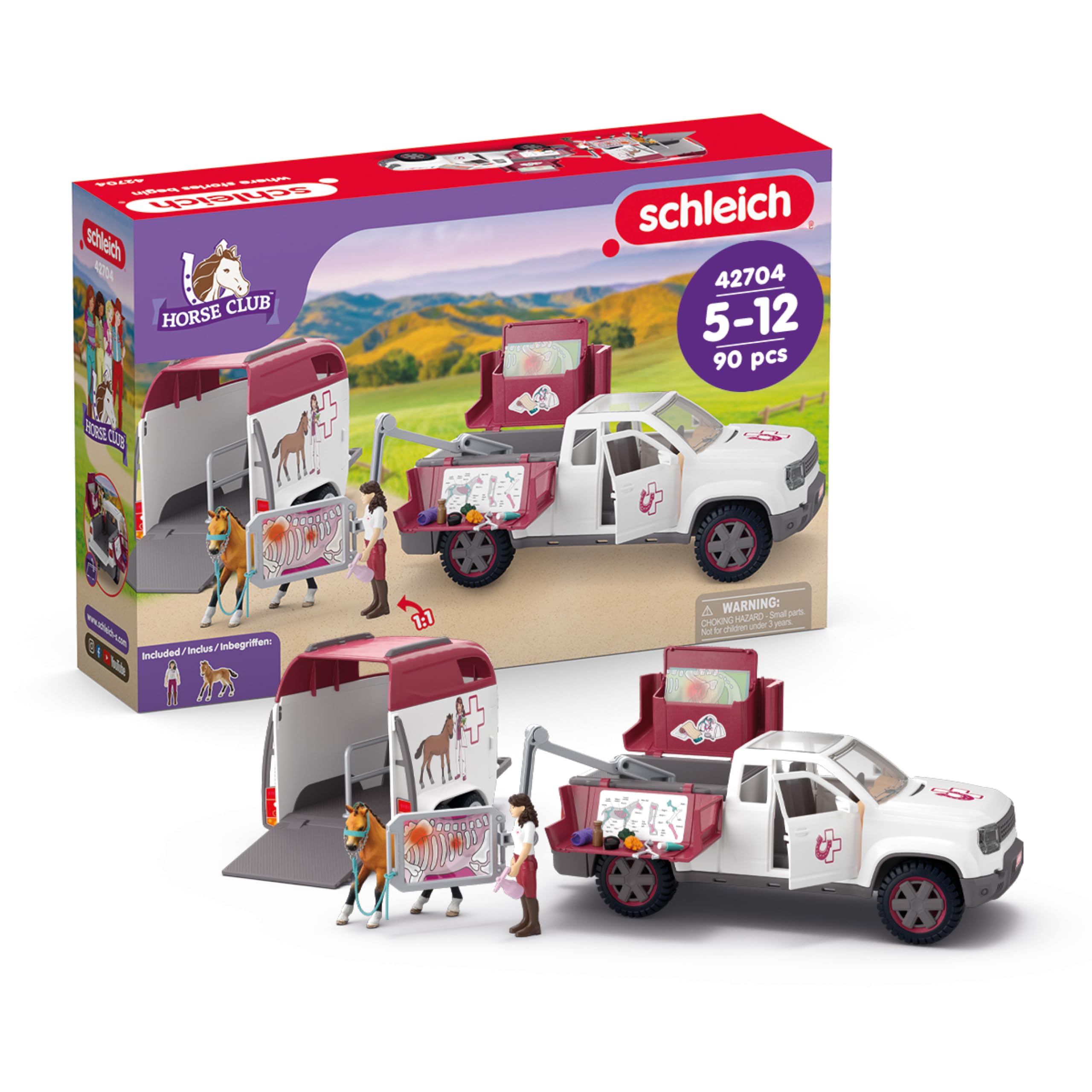 SCHLEICH Horse Club - 90 PC Mobile Vet with Trailer Playset - Includes Toy Horse Figurine, Poseable Veterinarian Figure, Moveable Truck and Accessories - Interactive Play Toys for Kids Ages 5+| 42704