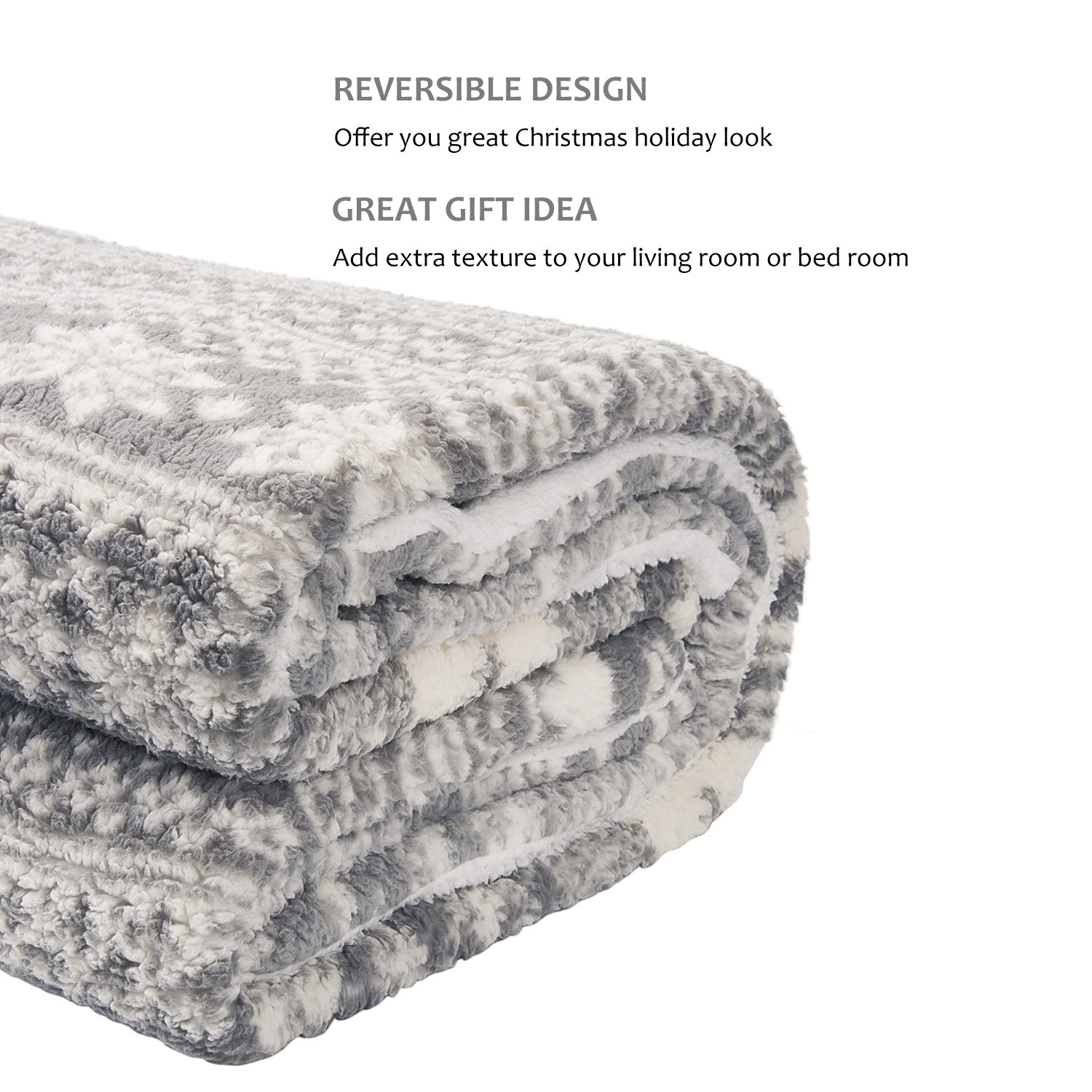 Snowflake Theme Sherpa Throw Blanket, Luxury Reversible Cozy Fleece Blanket, Warm Super Soft Comfort Caring Gift for Children and Adult, 155cm x 127cm, Grey by Catalonia