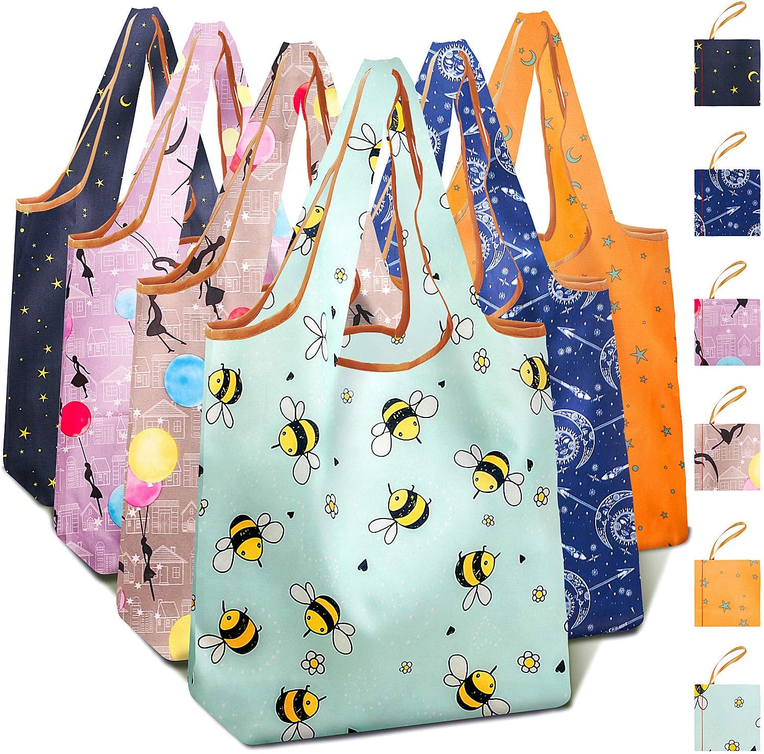 6 Pack Bees Reusable Shopping Grocery Bags Light Weight Machine Washable, Packable in Purse,Back pack and Car Console