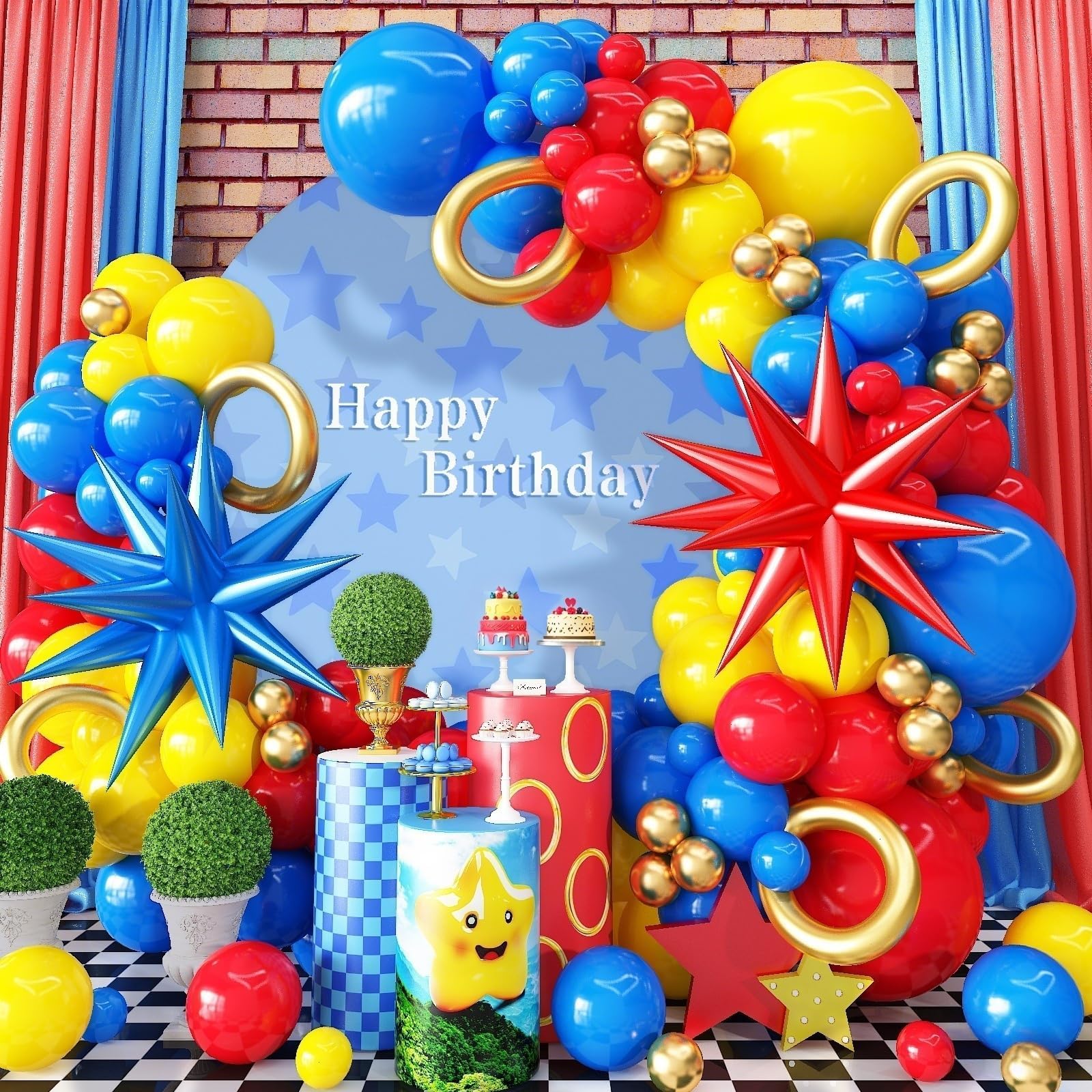Photo 1 of 126Pcs Red Blue Yellow Balloon Arch Kit, Cartoon Hedgehog Theme Primary Color Balloon with Gold Circle Explosion Star Foil Balloon Garland Set for Boys Kids Carnival Circus Birthday Party Decorations