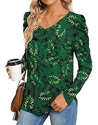 CATHY Women's Long Puff Sleeve V-Neck Tunic Tops