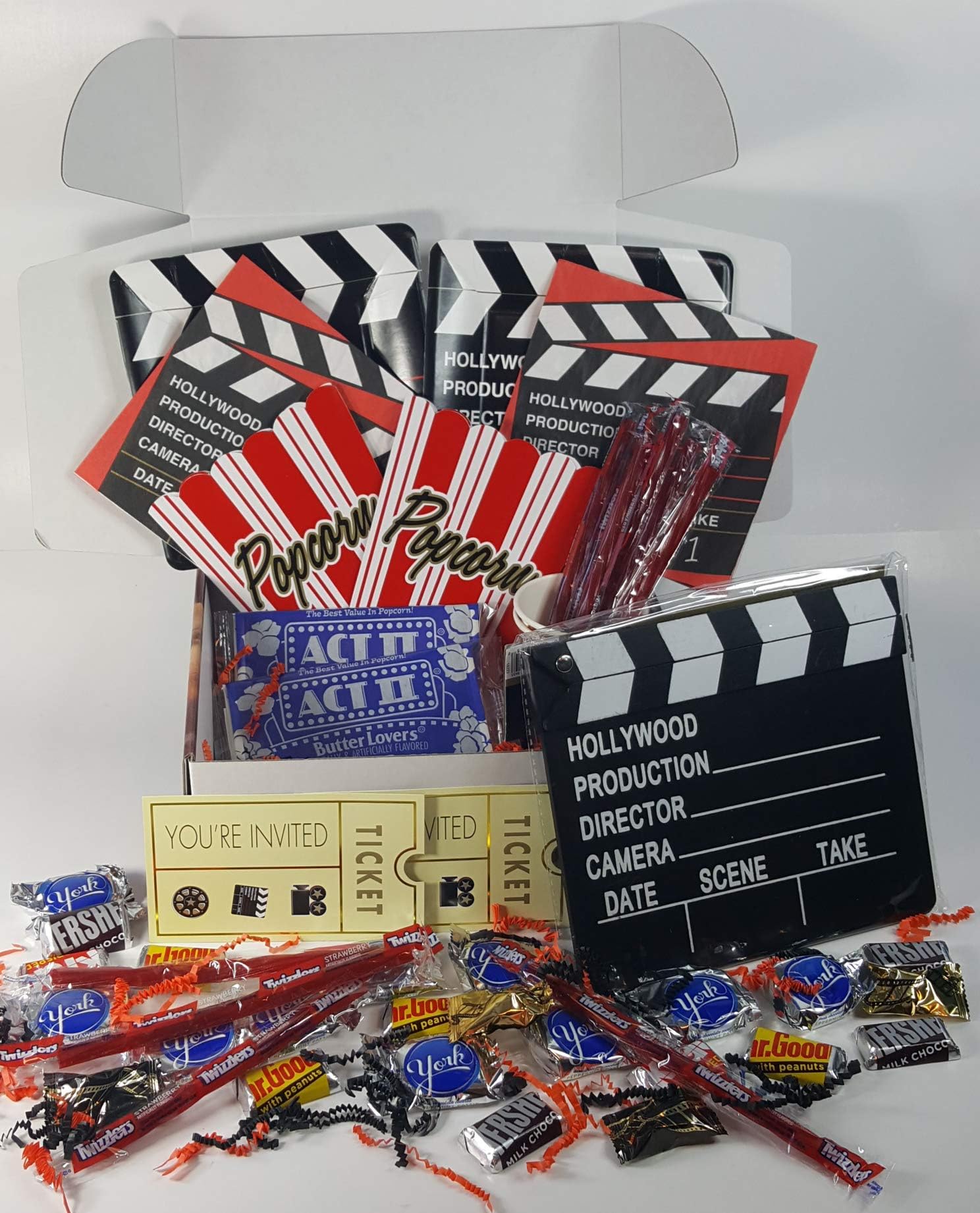 Ultimate Movie Night Gift Basket/Box with 2 REDBOX MOVIES & filled with Snacks & Movie Props. Great for Date Night/Anniversary/Teachers/As a Thank You/Coaches/Parents/College Kids. Makes a great gift
